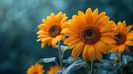 A stunning close-up of vibrant sunflowers blooming against a soft green background. The bright yellow petals radiate warmth and joy, capturing the beauty of nature.の素材