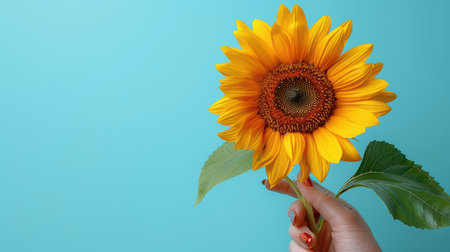 A radiant sunflower held delicately in a hand against a soft blue backdrop. This image evokes feelings of joy, warmth, and nature's beauty in a simple composition.の素材