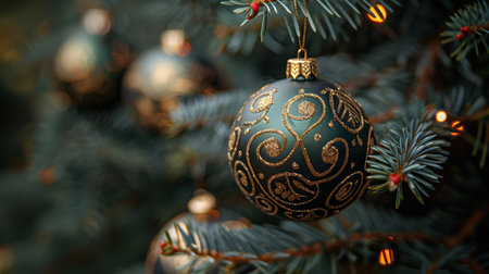 A stunning close-up of a green Christmas ornament adorned with gold patterns, beautifully hanging from a pine tree branch, capturing the essence of holiday cheer.の素材