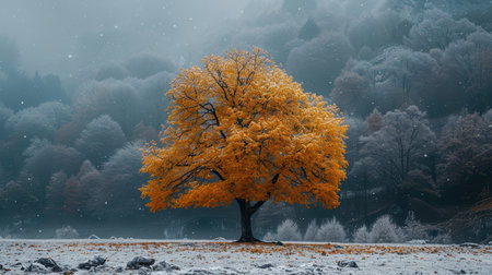 A stunning solitary tree with vibrant orange leaves stands against a snowy winter landscape, enveloped in fog. The scene captures the beauty of nature's seasonal transition.の素材