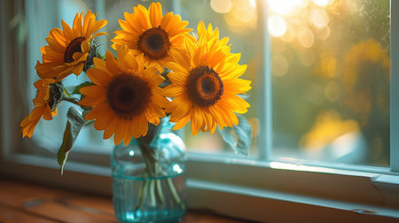 A stunning arrangement of sunflowers in a clear glass vase, beautifully lit by warm sunlight filtering through a window, creating an inviting atmosphere.の素材