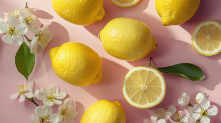 A vibrant display of fresh yellow lemons paired with delicate blossoms on a soft pink background, showcasing a bright and cheerful arrangement perfect for food and decoration themes.の素材