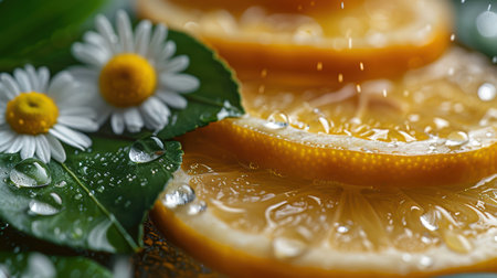 Close-up of fresh orange slices adorned with water droplets and accompanied by daisies on green leaves, highlighting freshness and natural beauty.の素材