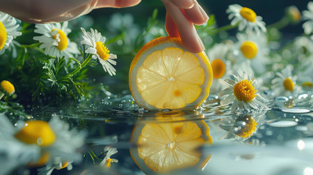 A close-up of a fresh lemon slice resting on water, surrounded by delicate flowers. This vibrant scene captures the essence of summer and freshness, ideal for wellness and lifestyle themes.の素材