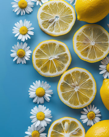 Explore the beauty of fresh lemons and daisies arranged against a vibrant blue background, perfect for enhancing any culinary or decor project with a lively and summery vibe.の素材