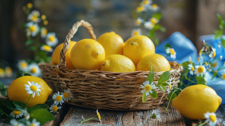 A vibrant arrangement of fresh lemons in a rustic basket, accented by cheerful daisies on a wooden table, perfect for spring and summer decor.の素材