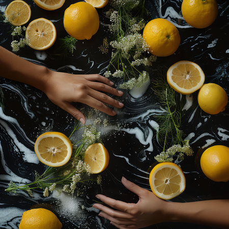 A stunning composition featuring hands reaching for fresh lemons surrounded by fragrant green herbs on a stylish black surface, evoking a sense of culinary creativity and freshness.の素材