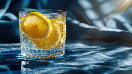 A refreshing glass of lemonade with vibrant lemon slices resting on a soft blue fabric. Perfect for summer gatherings or cozy moments.の素材