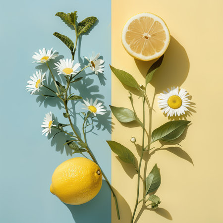 A visually appealing arrangement of fresh lemon and daisies on a split background of blue and yellow, creating a cheerful and vibrant composition ideal for wellness and nature themes.の素材