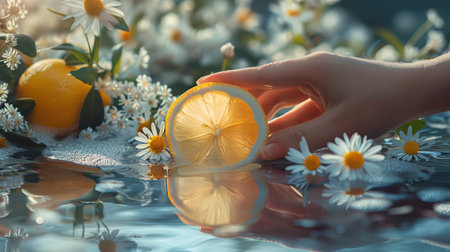 A serene image featuring a hand reaching for a lemon slice amidst daisies floating in calm water. Vibrant colors and natural elements create a refreshing ambiance.の素材