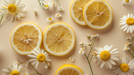 A beautiful arrangement featuring bright lemon slices and fresh white daisies on a soft beige background, perfect for food or summer-themed projects.の素材