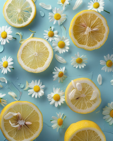Delightful composition of fresh lemon slices surrounded by cheerful daisies on a soft blue background, perfect for capturing summer's vibrant essence and warmth.の素材