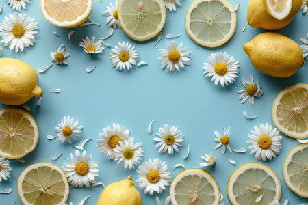 A vibrant composition featuring fresh lemons and daisies on a bright blue background, perfect for summer-themed projects, recipes, or cheerful designs.の素材