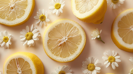 Bright lemon slices complemented by delicate daisies create a fresh and vibrant composition, perfect for seasonal designs, food, and wellness themes.の素材
