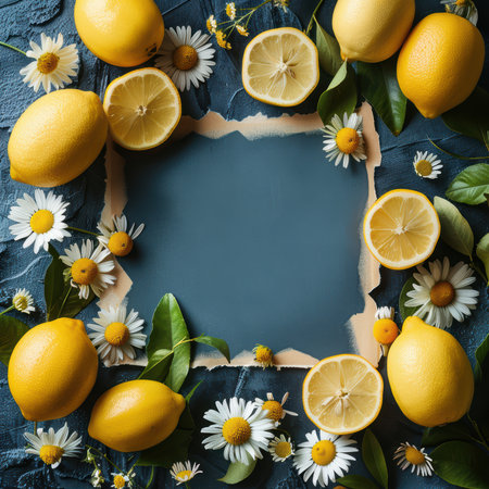 A vibrant arrangement of fresh lemons and daisies on a textured blue background, perfect for adding a touch of summer to your projects with empty space for text.の素材
