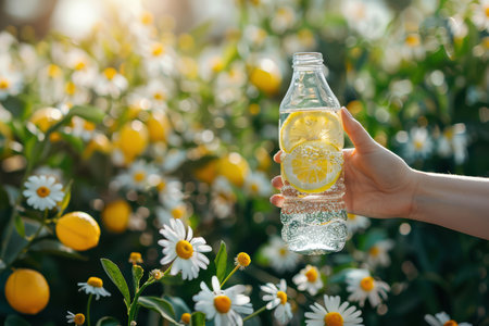 A hand holds a clear bottle of lemon-infused water amidst a vibrant garden filled with daisies and lemons, capturing the essence of refreshment and nature.の素材
