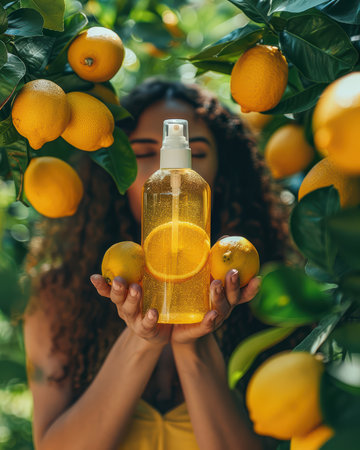 A woman holds a lemon-infused spray surrounded by vibrant yellow lemons in a lush garden, symbolizing freshness and natural beauty in summer.の素材