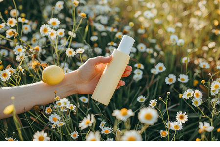 A hand gracefully holds a yellow bottle with a lemon beside it, surrounded by blooming white flowers in a sunlit field. Perfect for wellness themes.の素材
