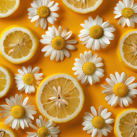 A captivating display featuring fresh lemons and cheerful daisies against a vivid yellow backdrop, perfect for summer-themed projects or designs.の素材