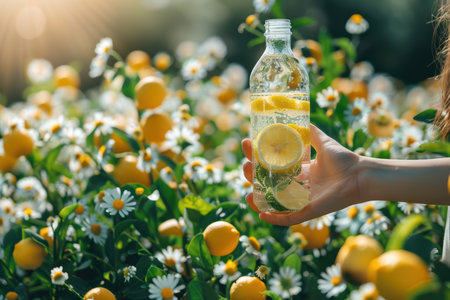 A refreshing bottle of lemonade filled with lemon slices is held in a sunny garden, surrounded by vibrant yellow lemons and cheerful daisies. Perfect for summer!の素材