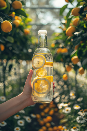 A vibrant hand holds a glass bottle of lemon-infused water among a sunny citrus orchard, exuding freshness and vitality for healthy hydration.の素材