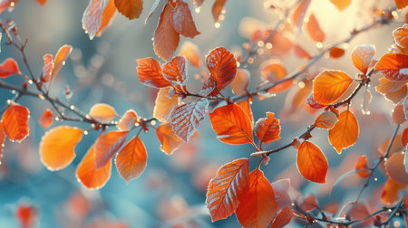 Frosted orange leaves glisten in soft winter light, highlighted by dew drops on delicate branches. A captivating scene celebrating the beauty of nature's transition.の素材