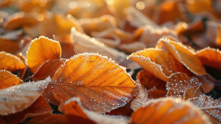 Frost-covered orange leaves blanket the forest floor, illuminated by soft morning light. This serene scene captures the beauty of autumnの素材
