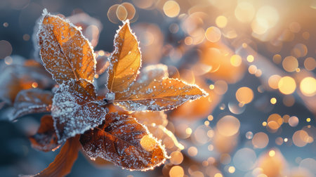 This captivating image showcases frosty leaves illuminated by soft light, creating a magical bokeh effect. The warm colors contrast beautifully with the icy details.の素材