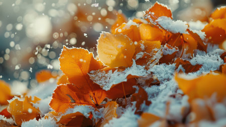 Captivating image of vibrant orange autumn leaves covered in soft snow, creating a stunning contrast against a blurred snowy background. Ideal for seasonal themes.の素材