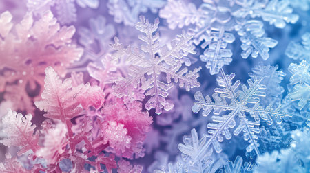 Captivating close-up of colorful snowflakes showcasing intricate designs. A dreamy winter scene that enhances the beauty of natureの素材