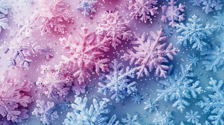 A captivating winter background featuring delicate snowflakes in soft pink and blue hues. This artistic design evokes feelings of serenity and beauty, perfect for seasonal themes.の素材