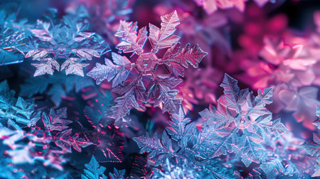 A mesmerizing close-up of beautiful snowflakes showcasing intricate patterns. This vibrant and colorful image captures the magic of winter in stunning detail.の素材