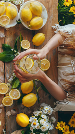 A vibrant scene featuring fresh lemons, a refreshing lemonade in hand, and delicate flowers on a rustic wooden table, perfect for summer gatherings.の素材