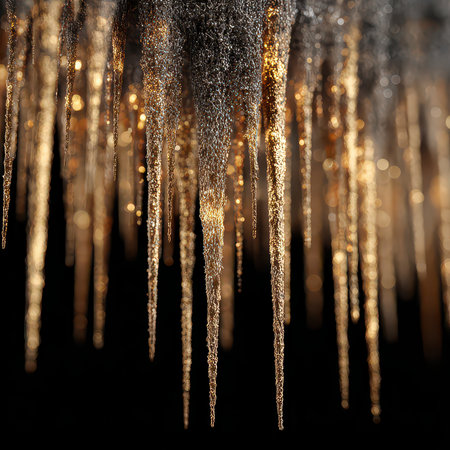 This captivating close-up showcases glittering icicles hanging under warm light, highlighting the delicate beauty of winter. The sparkling textures and reflections create a magical atmosphere perfect for seasonal themes.の素材