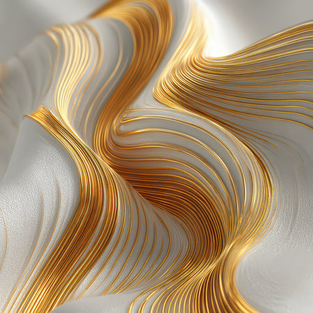 Explore the elegance of abstract design featuring flowing golden waves on a smooth surface. Perfect for backgrounds, textures, and artistic projects.の素材