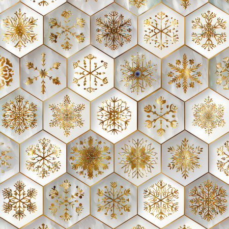 This stunning pattern features elegant gold snowflakes on a white hexagonal background, perfect for winter-themed designs and festive celebrations.の素材