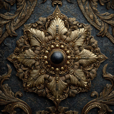 This stunning image showcases an intricate golden floral design set against a dark textured background, embodying elegance and luxury for design projects.の素材