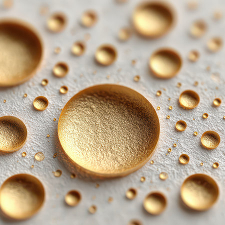 Beautiful golden droplets rest elegantly on a white surface, showcasing intricate reflections and highlights for a stunning visual appeal.の素材