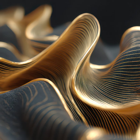 Explore an elegant abstract design featuring smooth waves and flowing curves. The harmonious interplay of golden lines against a dark background creates a captivating visual experience.の素材