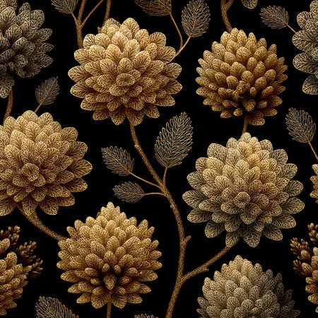 An intricate floral pattern featuring golden blooms set against a deep black background. This elegant design showcases the beauty of nature through artistic interpretation.の素材