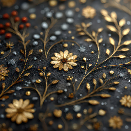Beautiful floral design featuring gold accents on a dark background. This art piece showcases intricate details and a sophisticated aesthetic, ideal for various creative projects.の素材