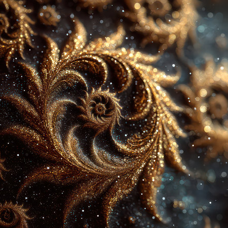 This stunning fractal artwork features intricate gold swirls set against a dark background, creating an elegant and mesmerizing abstract design.の素材