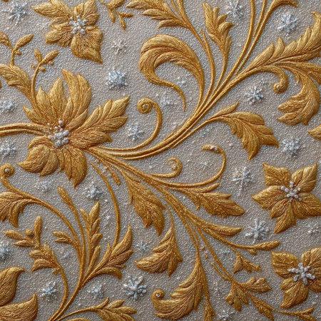 This image features an elegant golden floral design intricately embroidered on a textured silver background, evoking a sense of sophistication and luxury.の素材