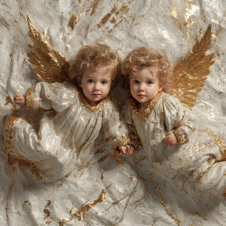 A captivating image of two cherubic babies with golden wings, embodying innocence and joy. The ethereal background enhances their dreamy, angelic presence.の素材