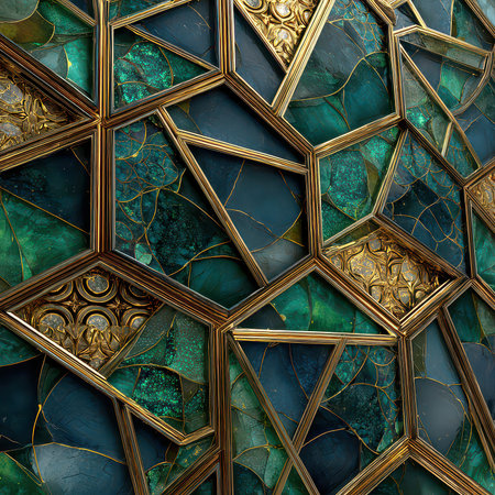 Explore a stunning geometric mosaic design featuring rich teal and gold accents. This intricate pattern showcases craftsmanship and elegance for any art lover.の素材