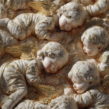 This enchanting image features cherubs elegantly arranged in soft light, showcasing intricate details and golden accents, embodying peace and innocence in a sculptural masterpiece.の素材