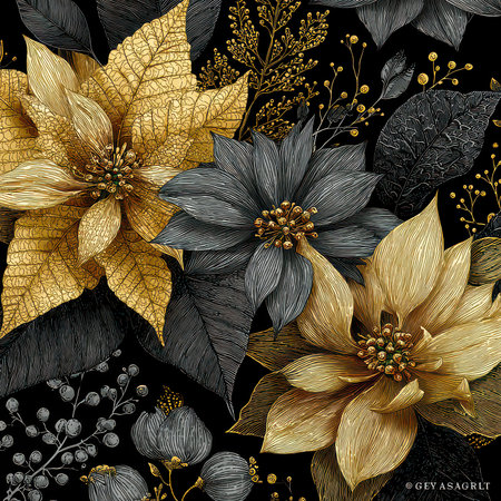 This stunning artwork showcases elegant golden and blue flowers against a dark background, creating a captivating and luxurious floral design perfect for decor.の素材