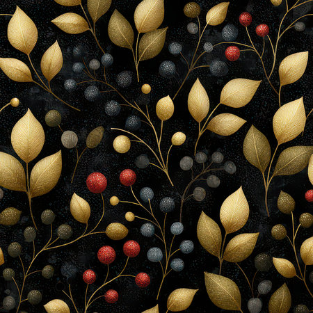Discover a stunning design featuring elegant golden leaves and vibrant berries on a dark background, perfect for seasonal crafts, wallpapers, or artistic prints.の素材