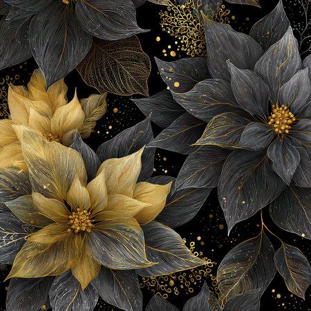 Captivating pattern featuring elegant black and gold flowers with intricate leaves, perfect for adding a touch of luxury to any design project or decor.の素材