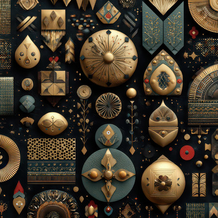 This captivating image showcases intricate geometric patterns in gold and blue against a deep dark background, perfect for adding elegance and luxury to any design project.の素材